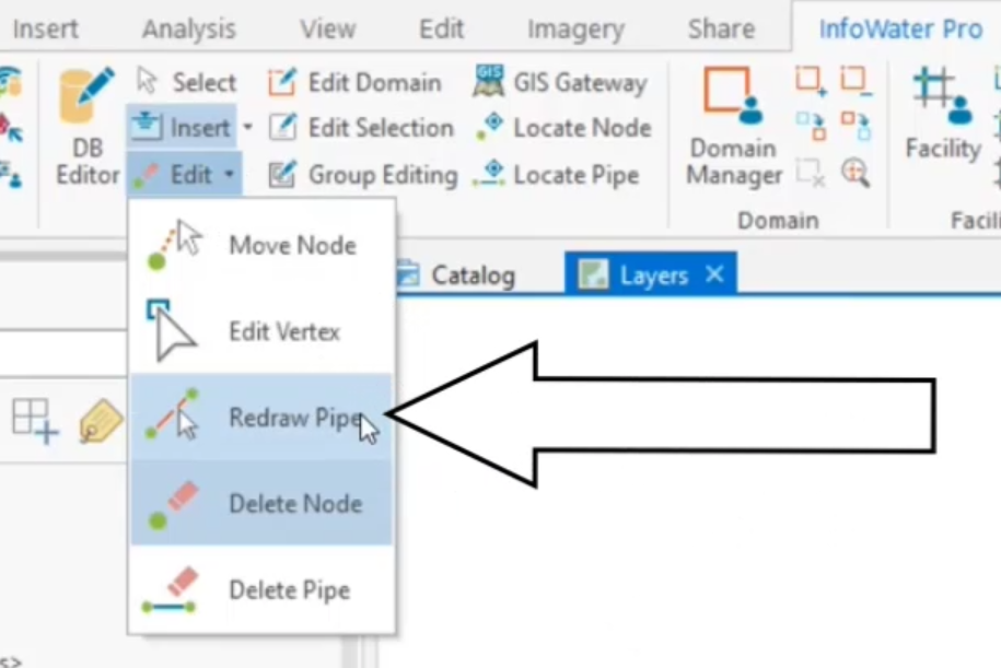 Starting the Redraw Pipe tool from the Edit drop-down on the ribbon