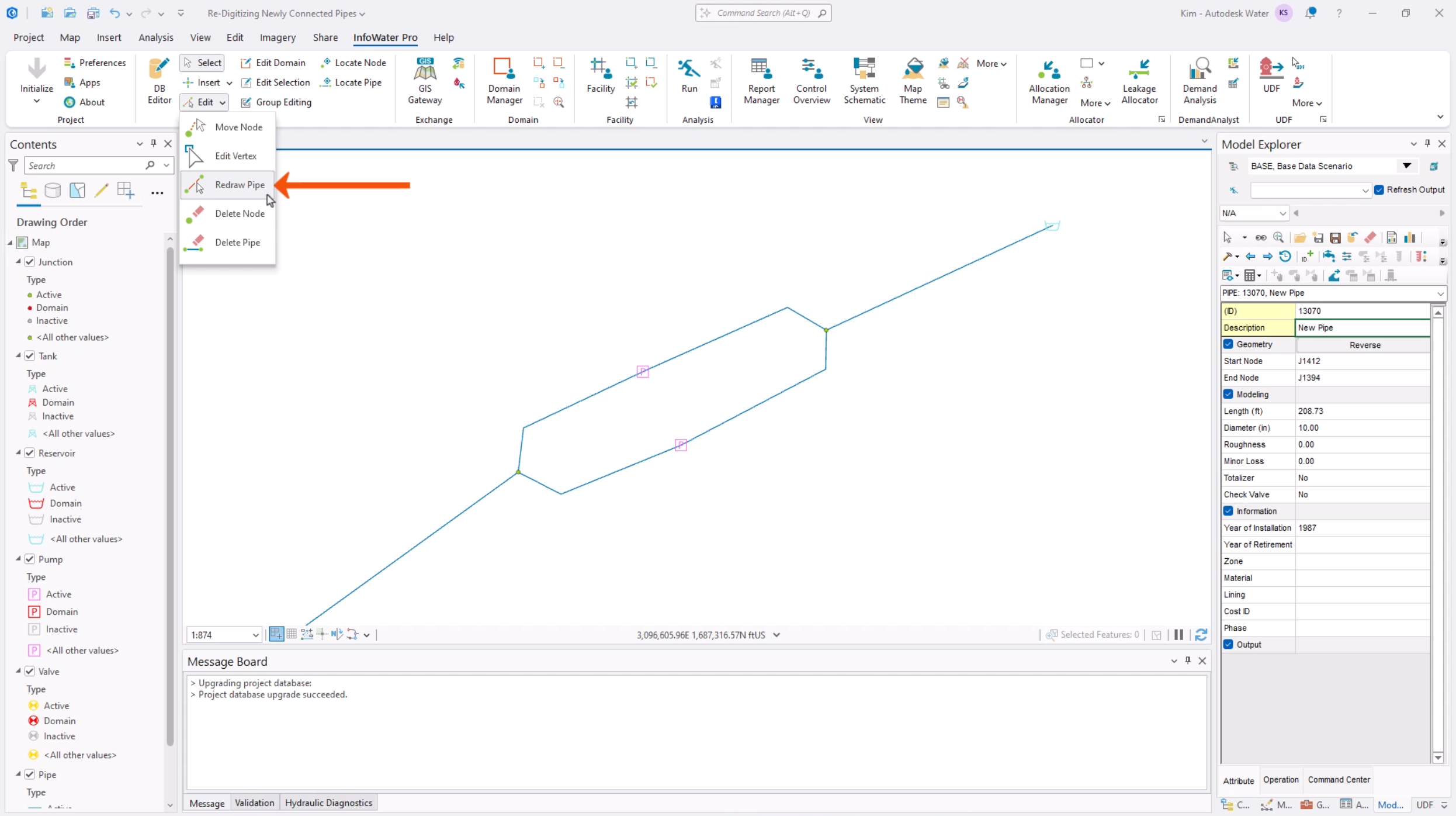 The pipe model for this example open in ArcGIS. On the InfoWater Pro tab of the ribbon, in the Edit panel, the Edit drop-down expanded with Redraw Pipe selected and called out with a red arrow.