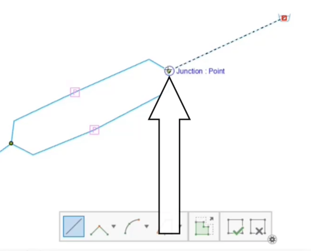 The model with the ending node for the pipe being double-clicked; the new pipe is indicated with a dotted line