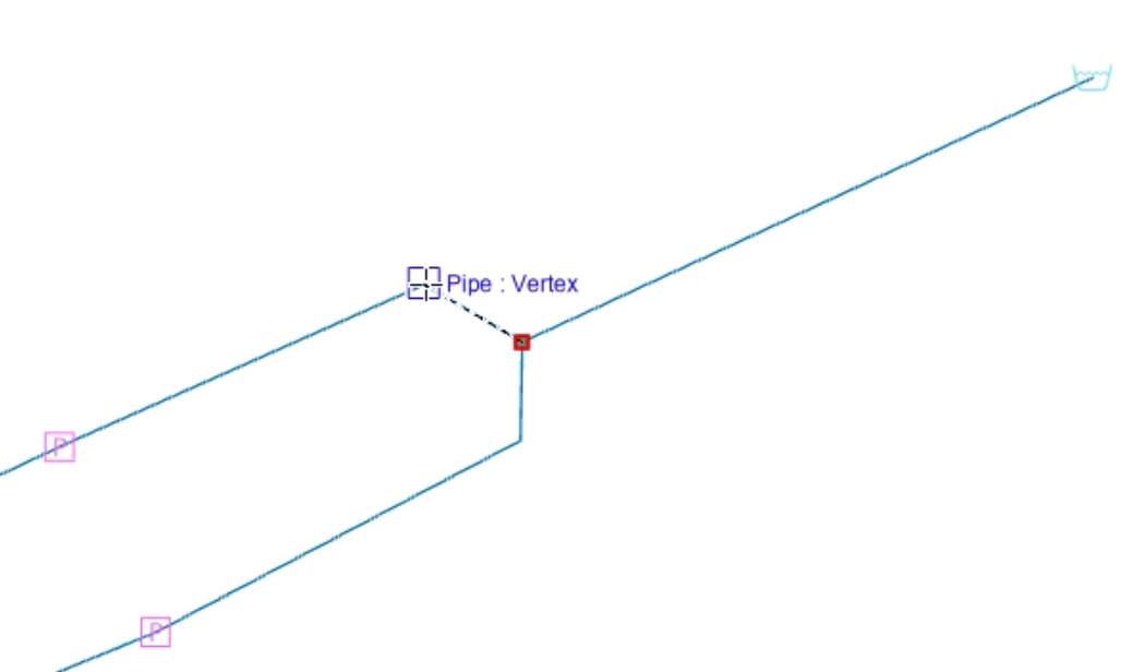 On a connected section of pipe, the start point selected and a vertex being clicked, with a dotted line connecting the two points.