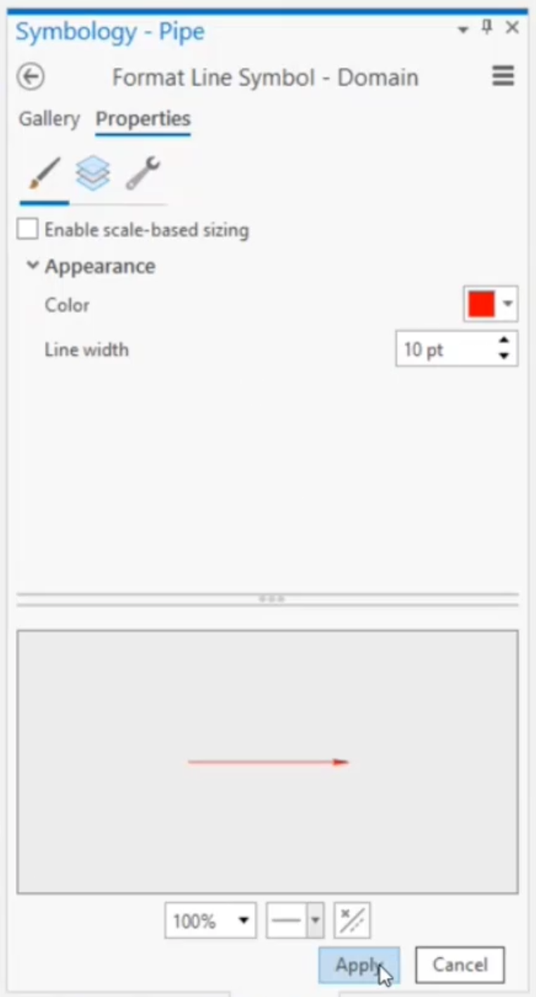 The Symbology – Pipe pane, Properties view, with the pipe Appearance edited and a preview of a red arrow appears at the bottom