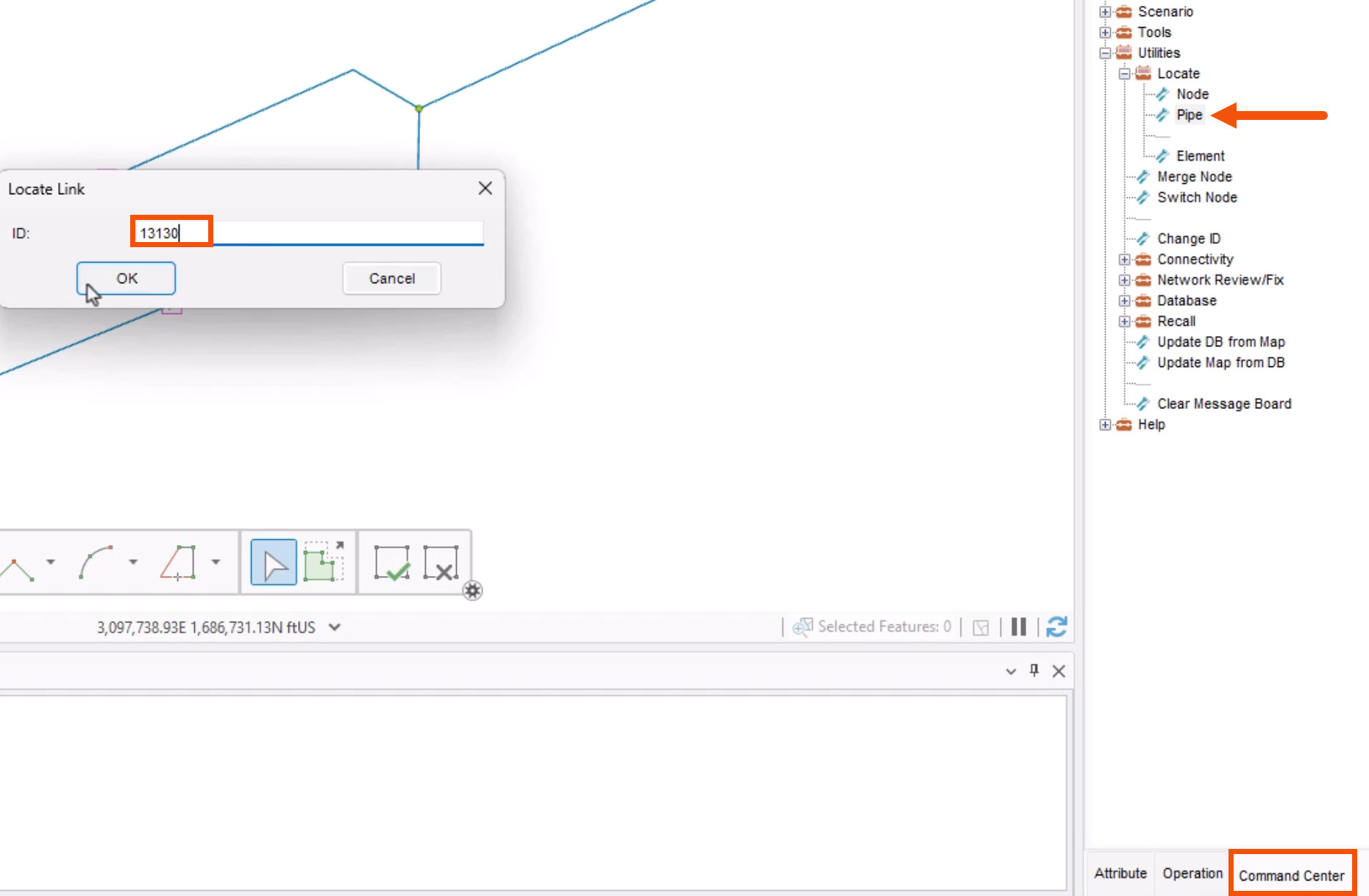 In the Model Explorer, Command Center tab, the Pipe utility called out with a red arrow, and in the Locate Link dialog, a pipe ID entered and highlighted in red, with OK being clicked.