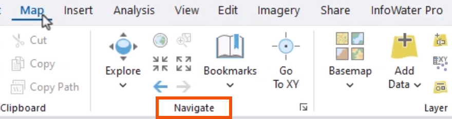 On the ribbon, the Map tab being selected and the Navigate group of tools highlighted in red.