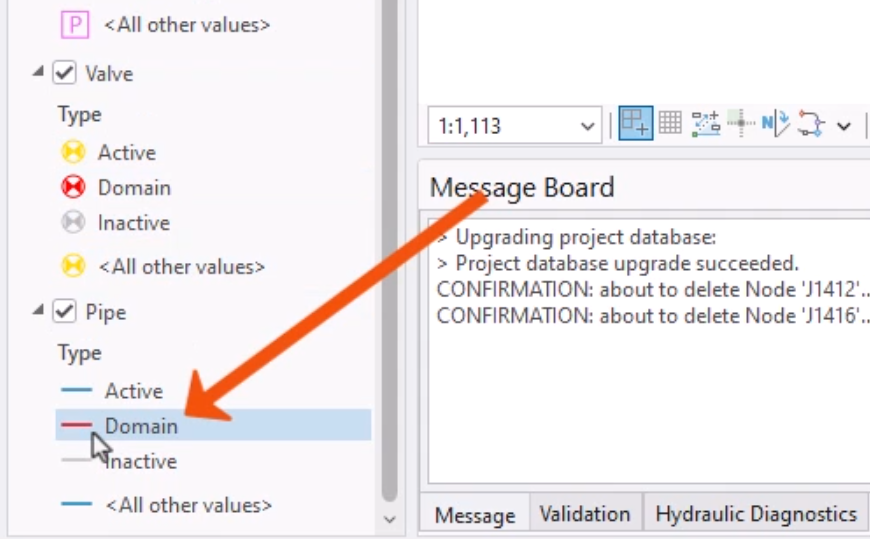 In the Contents pane, for the Pipe layer, the red line for Domain pipes being double-clicked and called out with a red arrow.