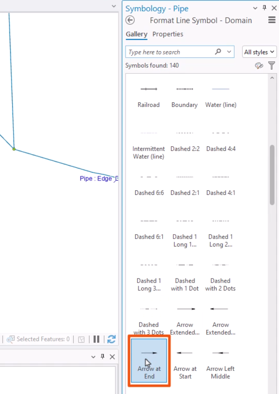 In the Symbology window, the Arrow at End symbol selected and highlighted in red.