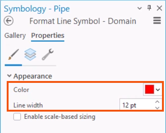 On the Properties tab of the Symbology window, the Color and Line width adjusted for this example and highlighted in red.