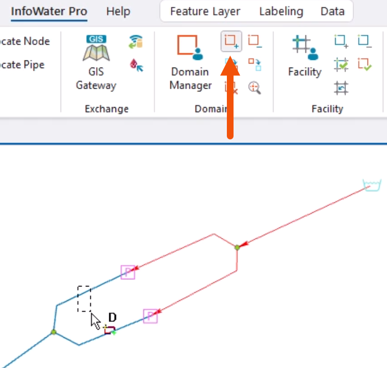 On the ribbon, Domain panel, the Enlarge Domain tool is active and called out with a red arrow; and in the model, selected pipes are shown in red with a directional arrow at the end. An additional pipe is being selected.