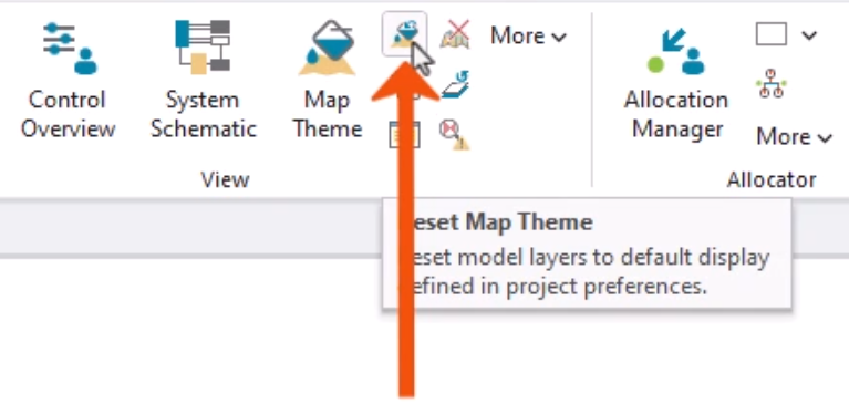 On the InfoWater Pro ribbon, in the View panel, the Reset Map Theme button is being clicked and is called out with a red arrow.