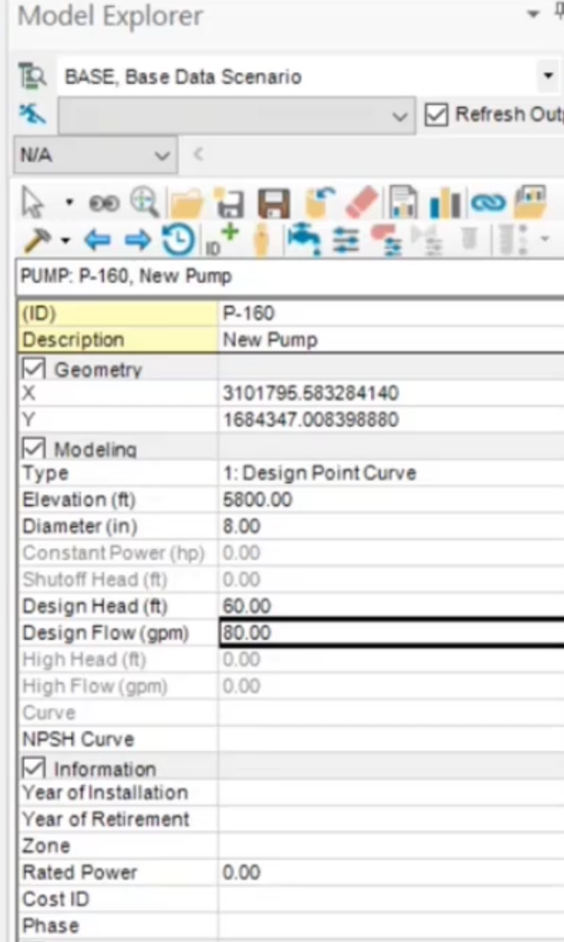 The Model Explorer, Attribute tab, populated with the data for pump P-160