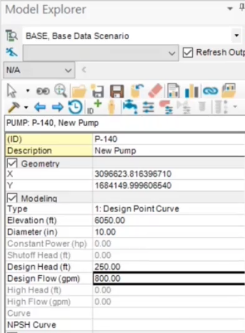 The Model Explorer, Attribute tab, populated with the data for pump P-140