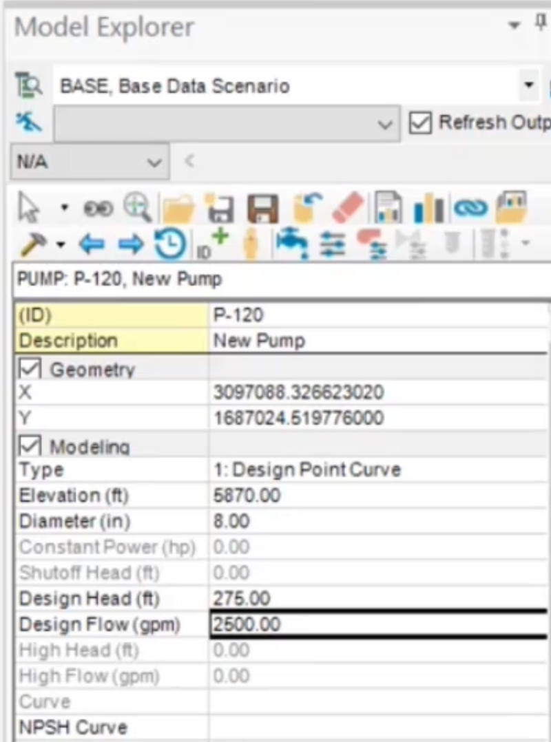 The Model Explorer, Attribute tab, populated with the data for pump P-120