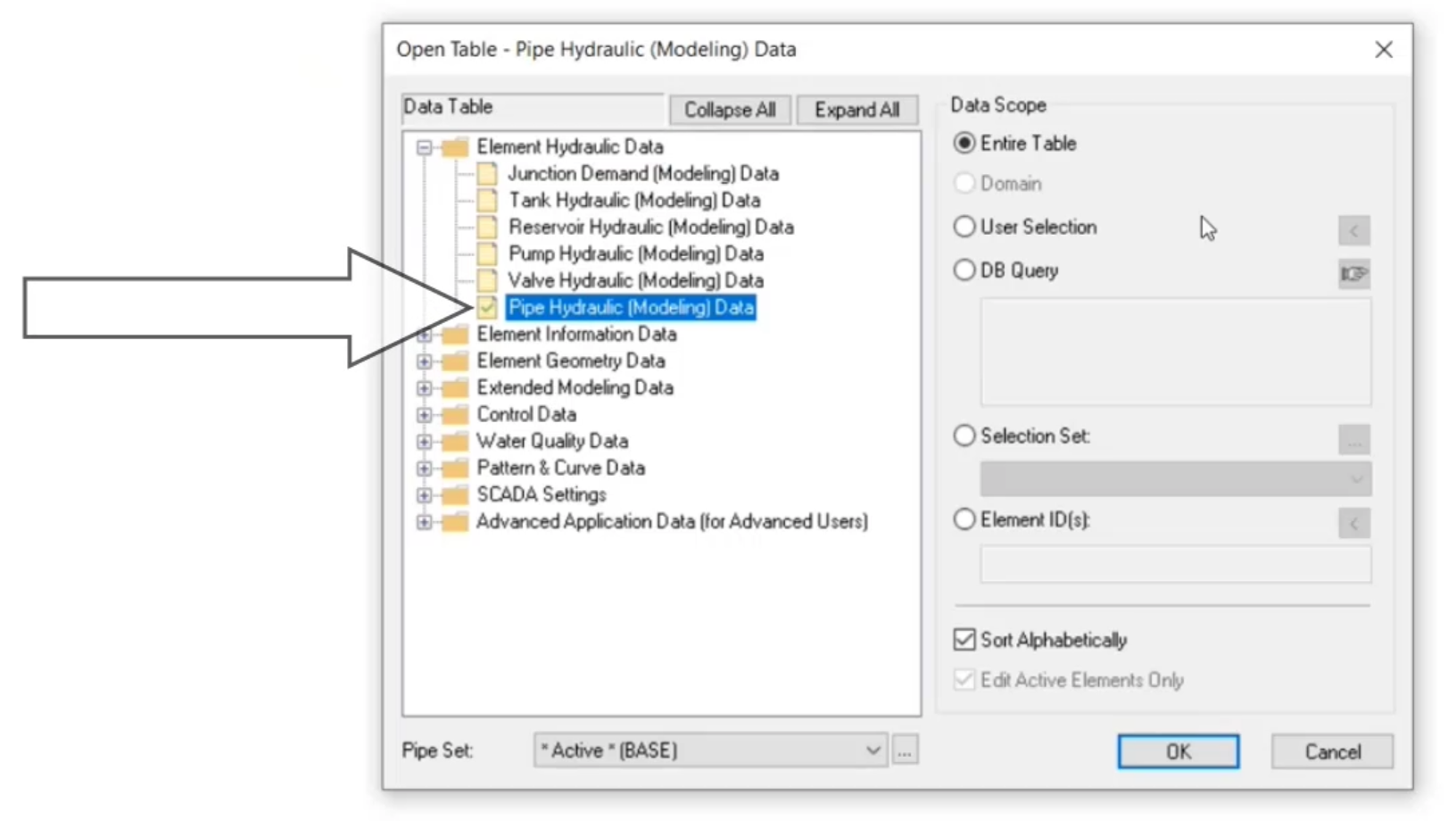 The Element Hydraulic Data dialog box, open to the Data Table tab with Pipe Hydraulic (Modeling) Data selected