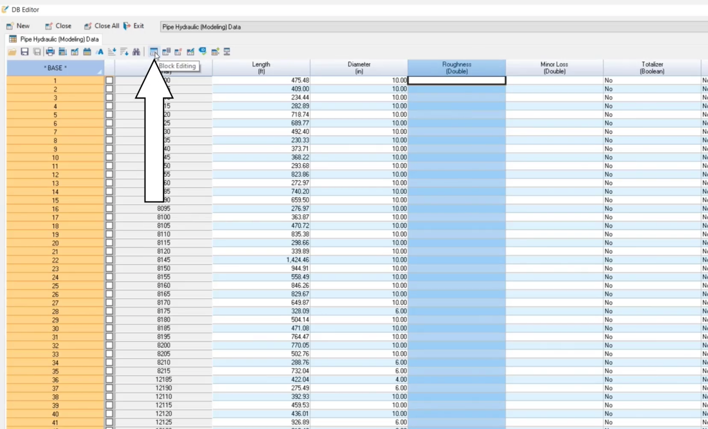 The DB Editor table, with the Roughness column selected and the Block Editing command called out for selection.