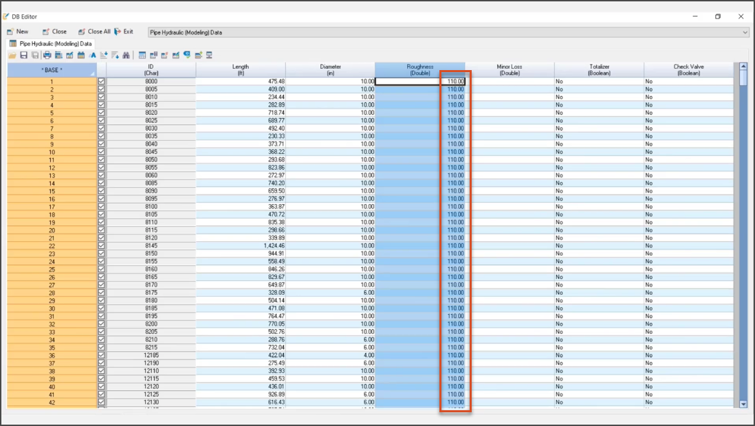 The DB Editor the Roughness column highlighted and a roughness value of 110 assigned to all pipes in the table