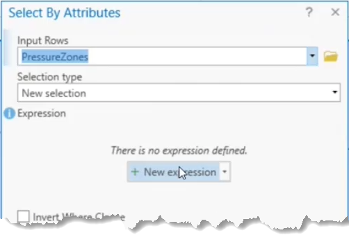 The Select by Attributes dialog box, with the Input Rows and Selection Type options entered, and the +New expression button selected