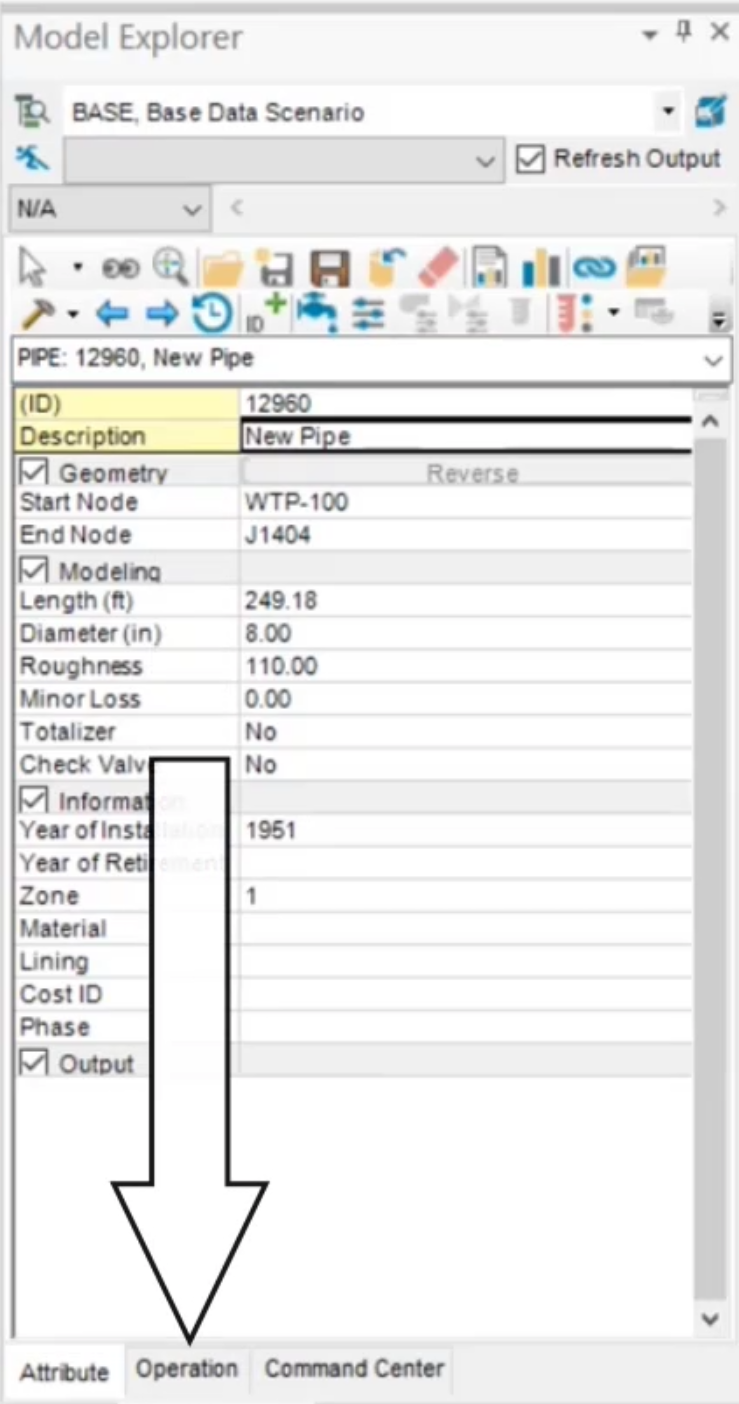 The Model Explorer, with the Operation tab called out for selection