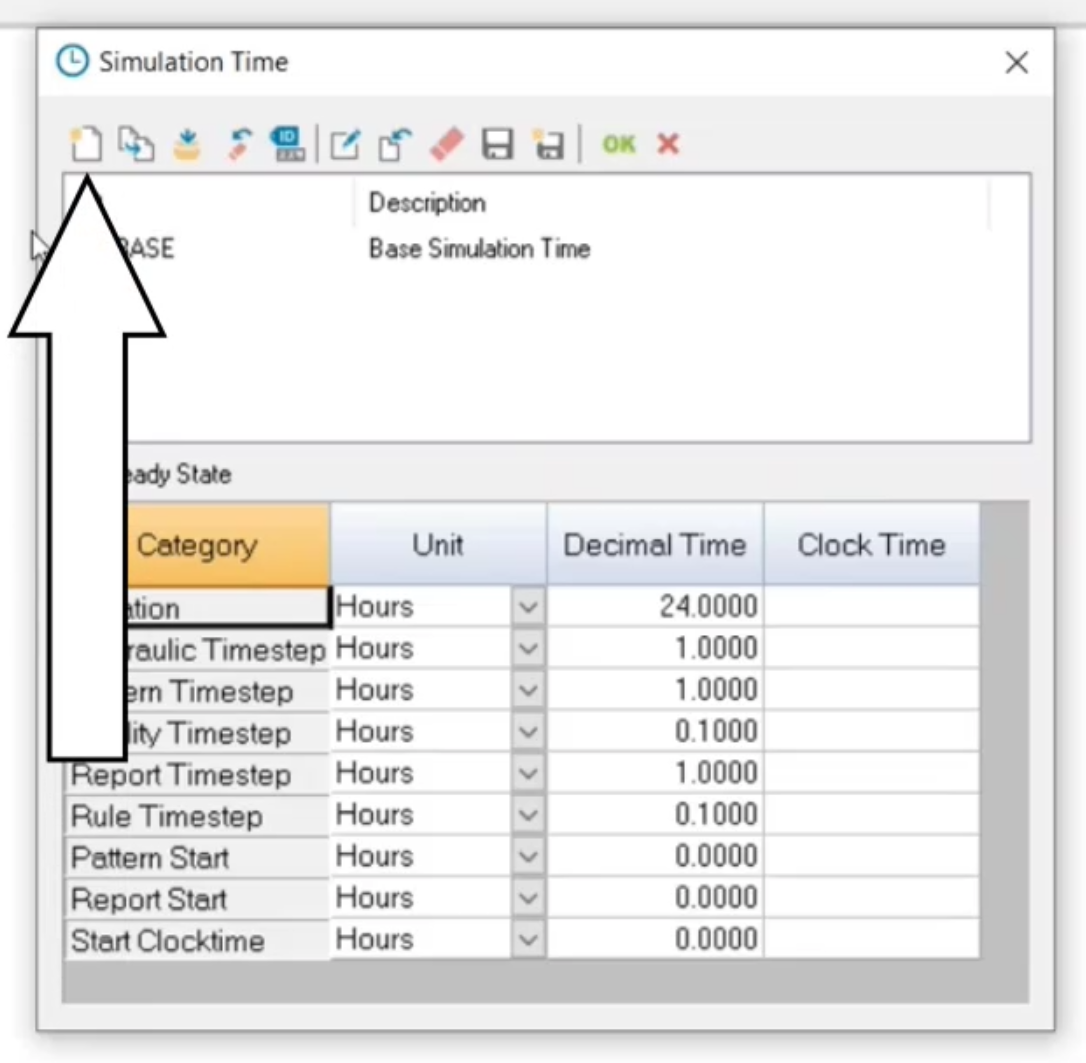 The Simulation Time dialog box, with the New command called out in the toolbar