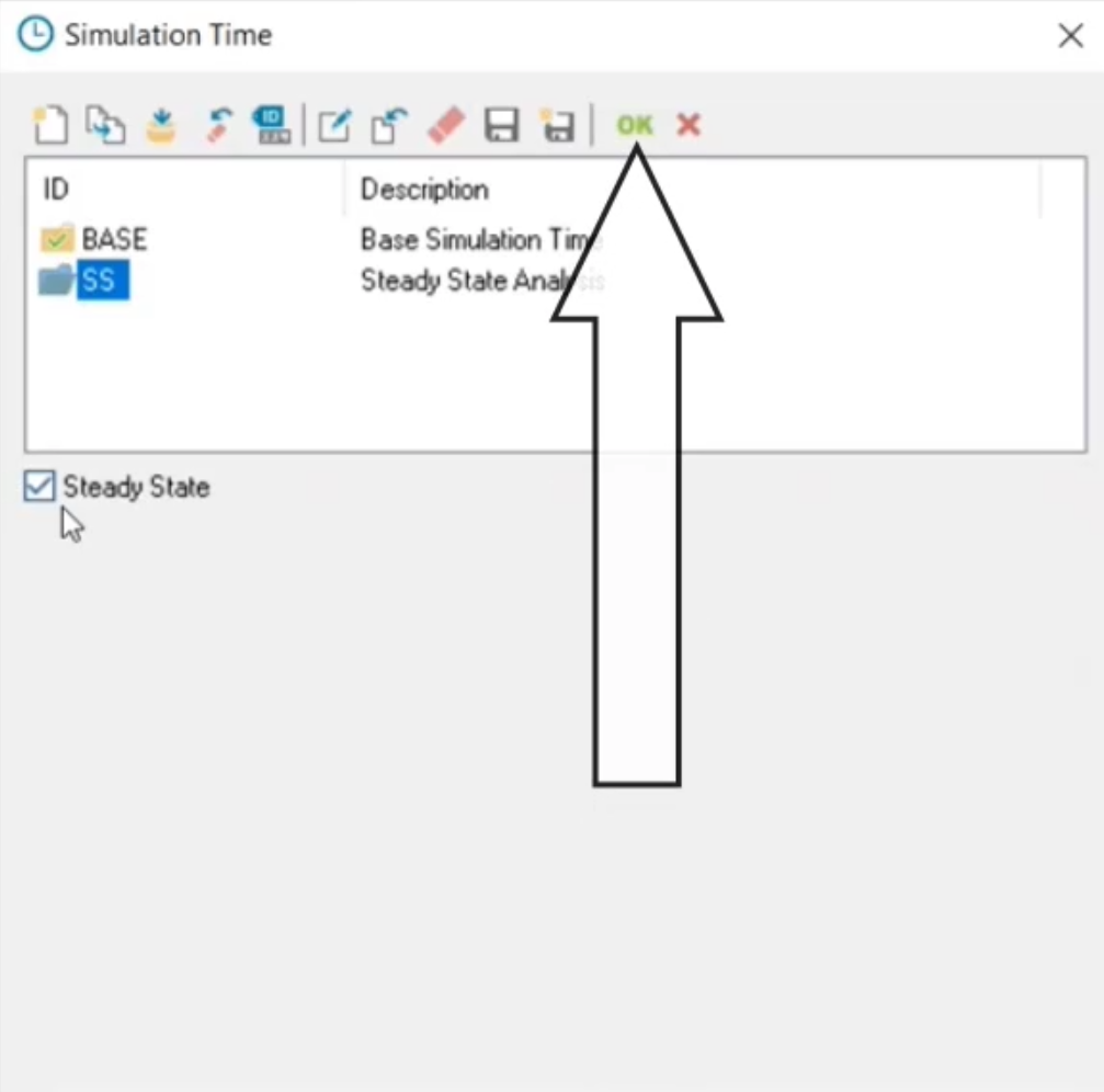 The Simulation Time dialog box, with Steady State enabled and the OK called out for selection