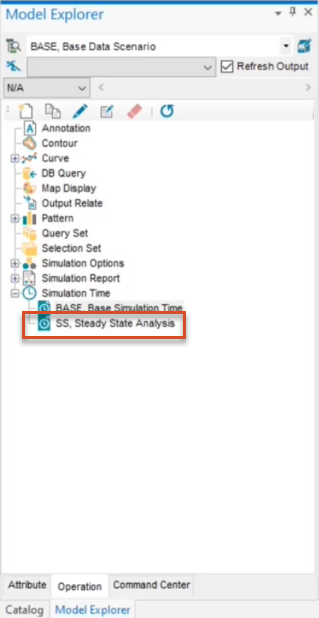 The Model Explorer, with the Simulation Time node expanded and under that, the new "SS, Steady State Analysis" highlighted