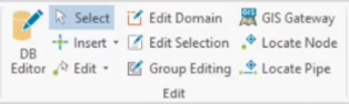 The Edit panel in the InfoWater Pro tab of the ribbon with the Select tool active