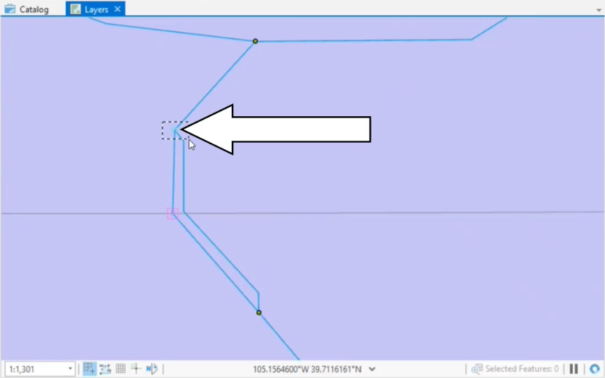 The model view zoomed in to tank T5004, with a selection window being drawn around it and a callout arrow highlighting the location