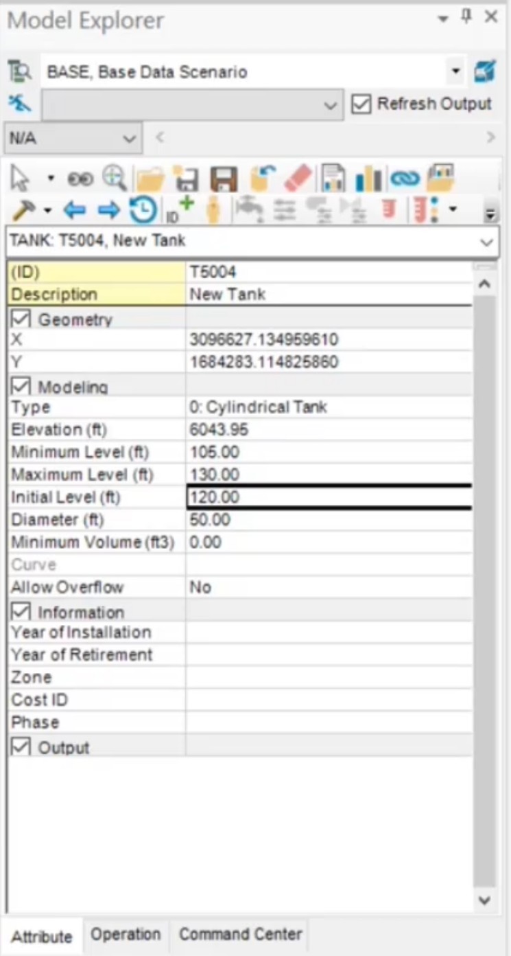 The Model Explorer, Attribute tab, with the new Initial Level for tank T5004 entered and highlighted