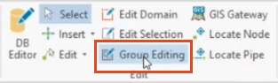 The Edit panel of the InfoWater Pro ribbon, with the Group Editing tool highlighted for selection