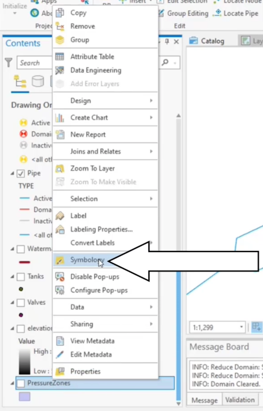 The Contents pane, displaying the PressureZones shortcut menu and Symbology called out for selection