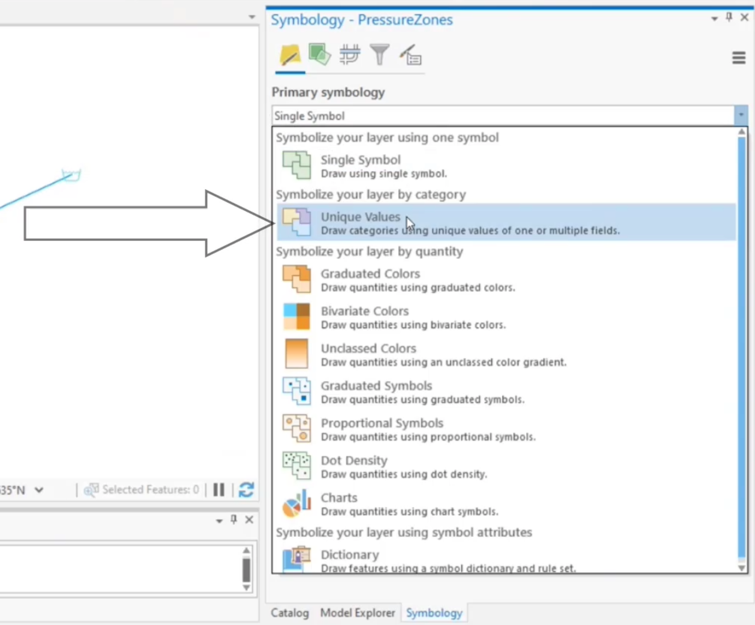 The Symbology – PressureZones panel, with the Primary symbology drop-down expanded and Unique Values being selected