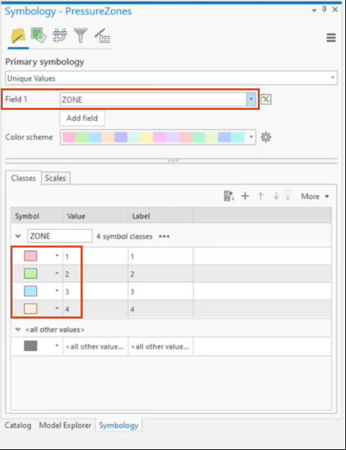 The Symbology – PressureZones panel, with Field1 set to Zone and the four pressure zones and corresponding color code highlighted