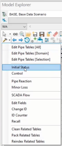 The Model Explorer, with the Tools drop-down expanded and Initial Status being selected