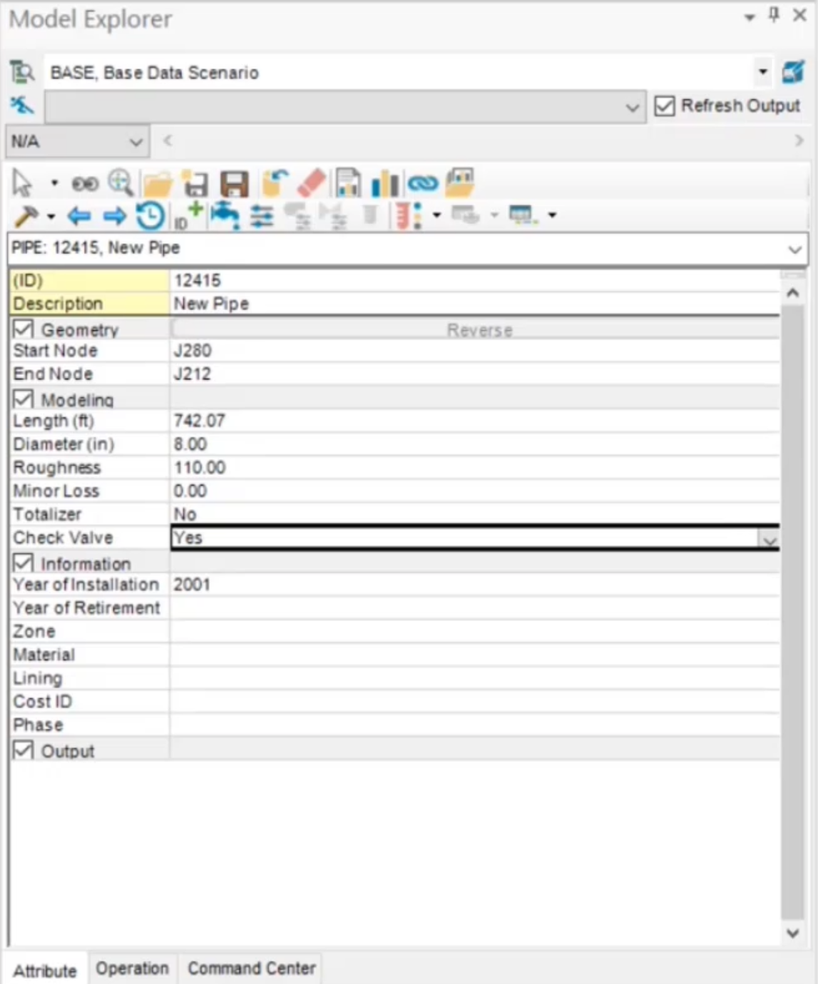 The Model Explorer showing attributes for pipe 12415 and that it now has a check valve