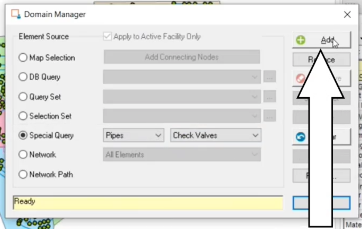 The Domain Manager, with the Special Query active and set to Pipes and Check Valves, and the Add button called out