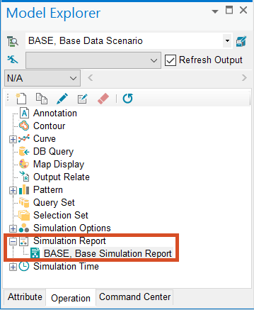 The Model Explorer, with the Simulation Report node expanded and highlighted, along with the Base, Base Simulation Report