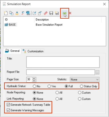 The Simulation Report options configured and highlighted