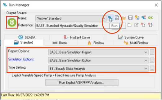 The Run Manager, with the Report, Simulation, and Time options set and highlighted, as well as the Run button and green stoplight icon.