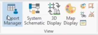 The ribbon, InfoWater Pro tab, View Panel, with the Report Manager button highlighted for selection