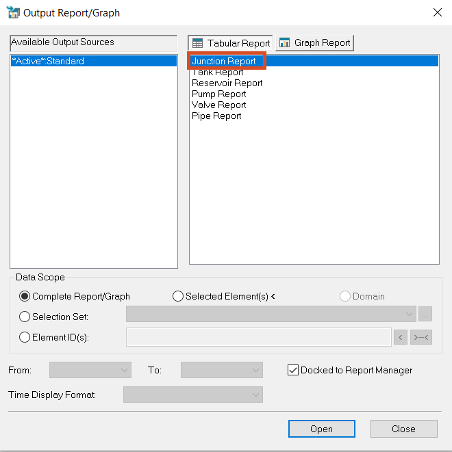 The Output Report/Graph dialog box, with Junction Report highlighted and the Open button active