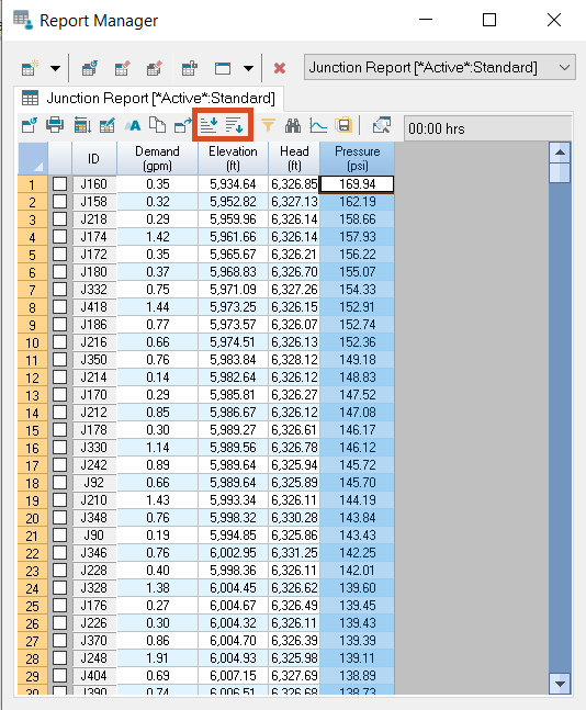 The Report Manager, with the Pressure column highlighted as selected and the Sort Descending