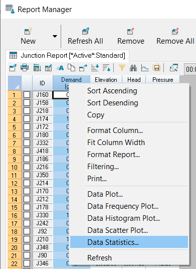 The Report Manager, with the Data Statistics submenu open, showing the available options, and Data Statistics is highlighted for selection