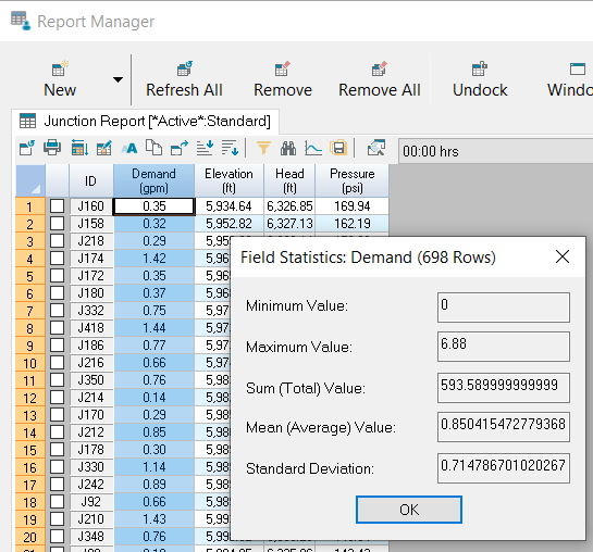 The Field Statistics dialog box open in front of the Report Manager, which is inactive in the background