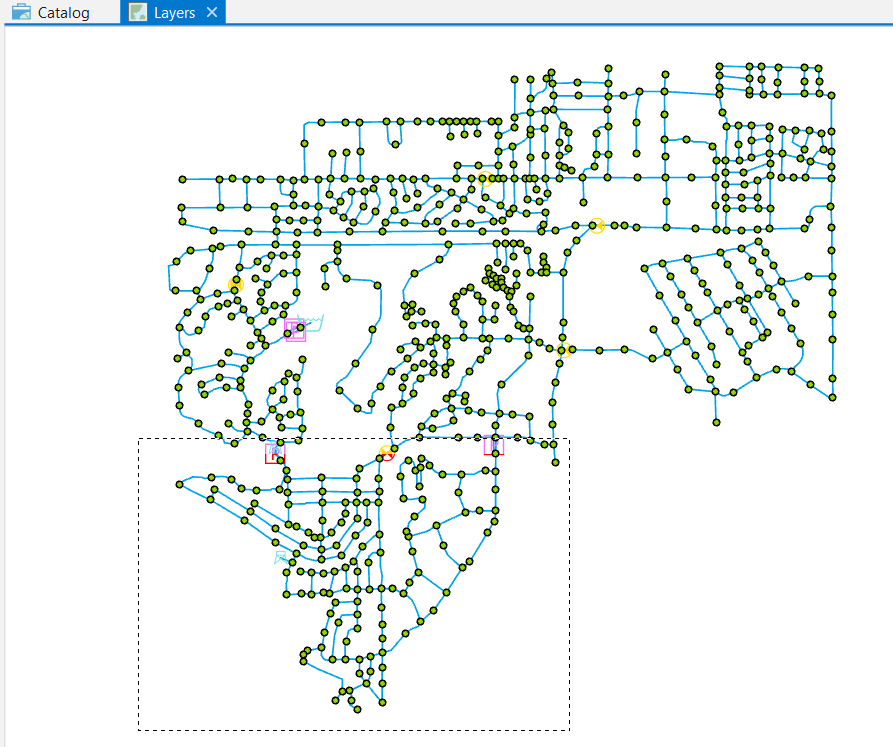 The Network map with the selection of pipes highlighted