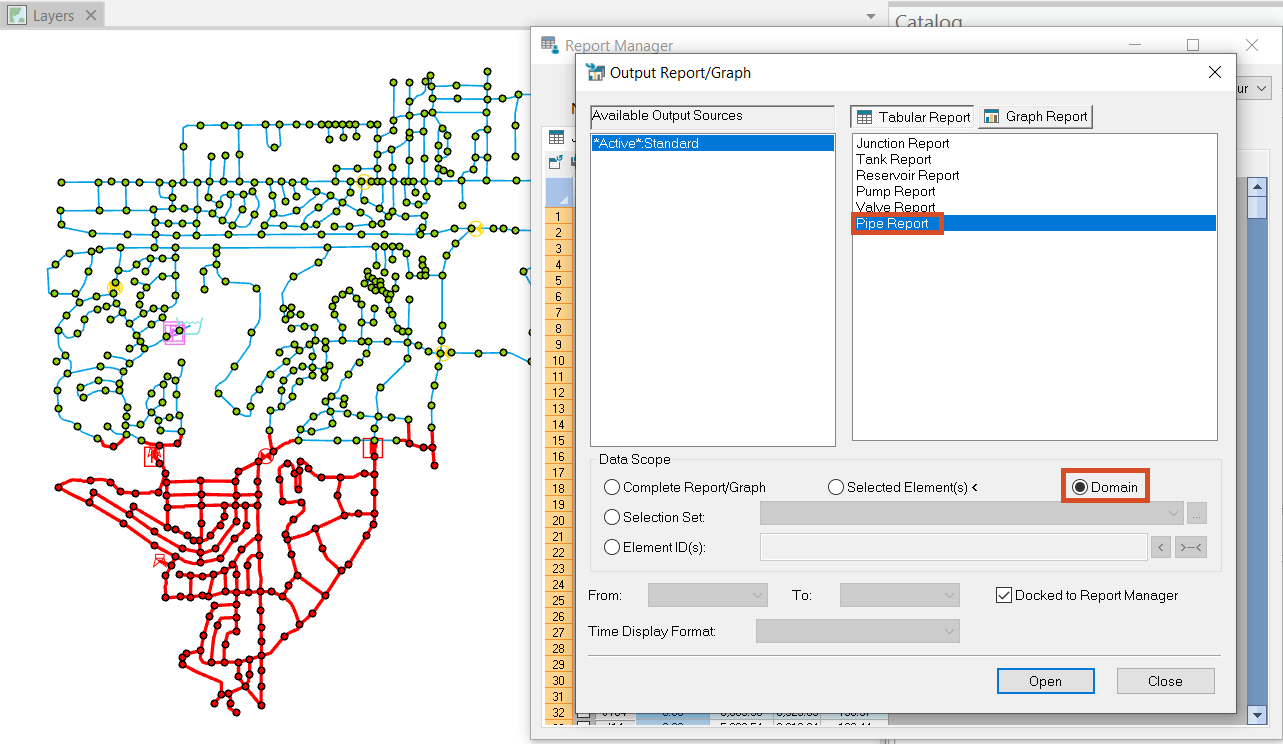 The Output Report/Graph dialog box, with Pipe Report and Domain enabled