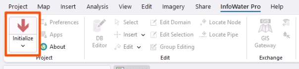 The ArcGIS ribbon, with the InfoWater Pro tab active, and in the Project panel, Initialize being selected and highlighted in red.