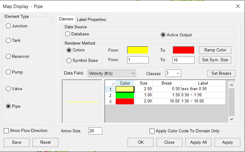 Map Display settings for pipes