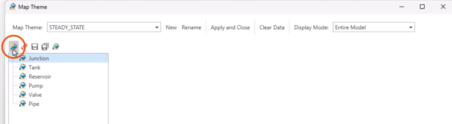 The top-left corner of the Map Theme dialog, with Junction selected and New being clicked and highlighted in red.
