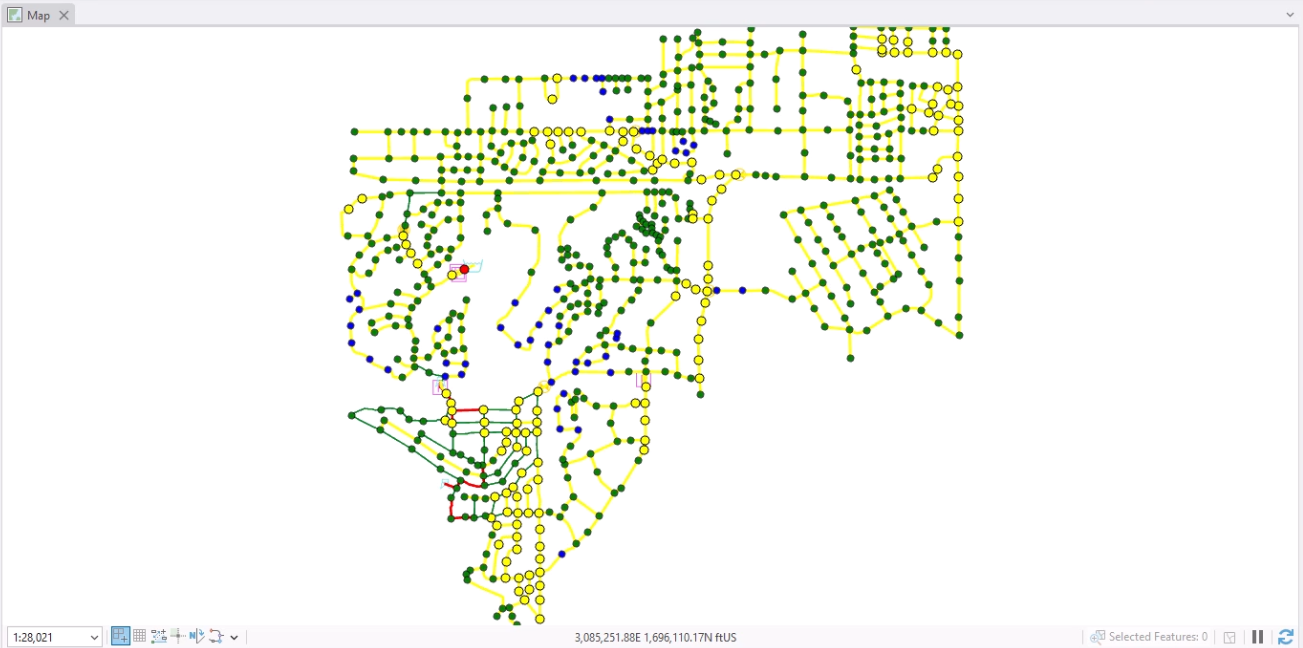 The map, with color-coded ranges that show the pressure and velocity.