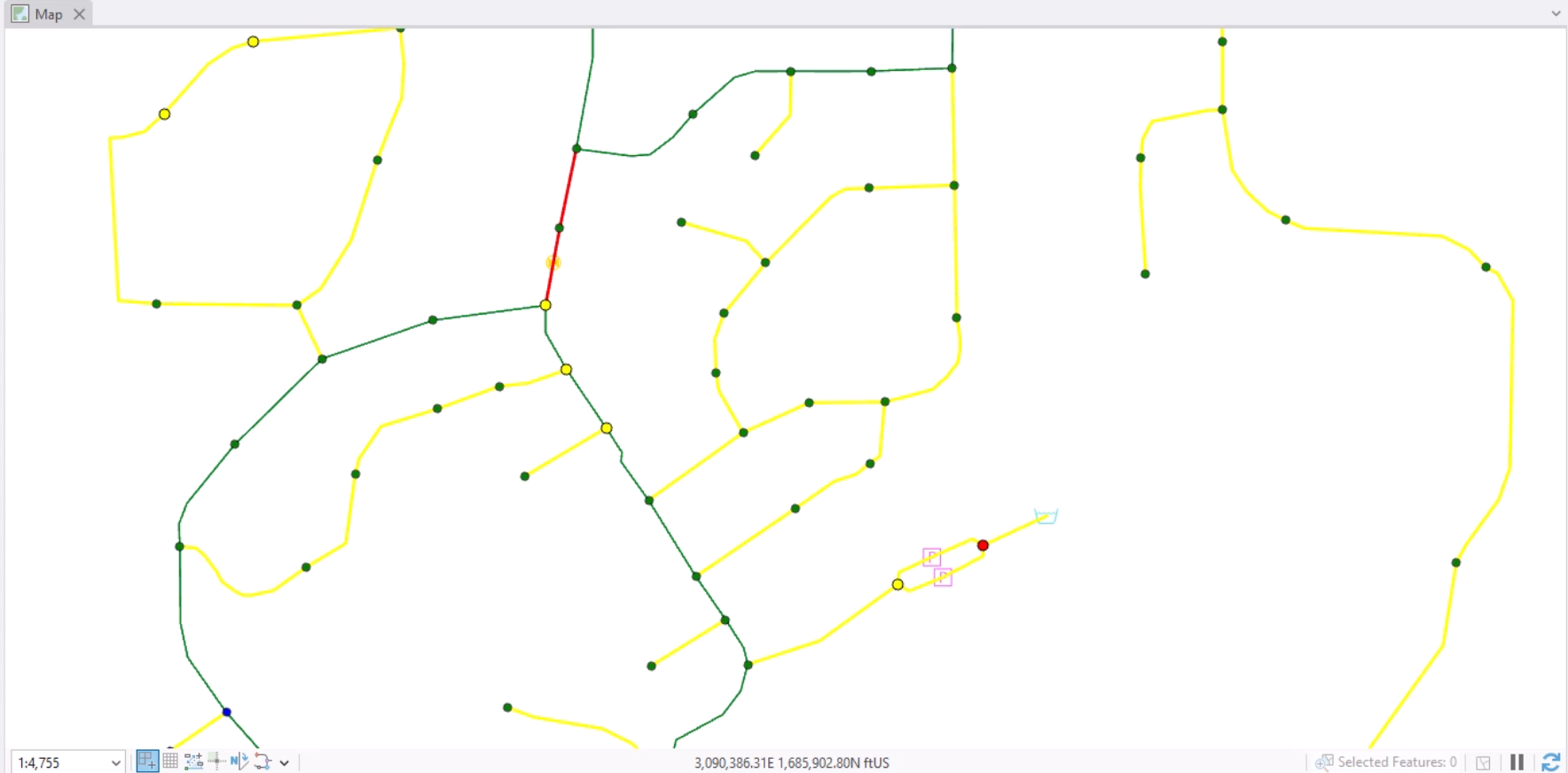 The map zoomed in to a specific area of the system.