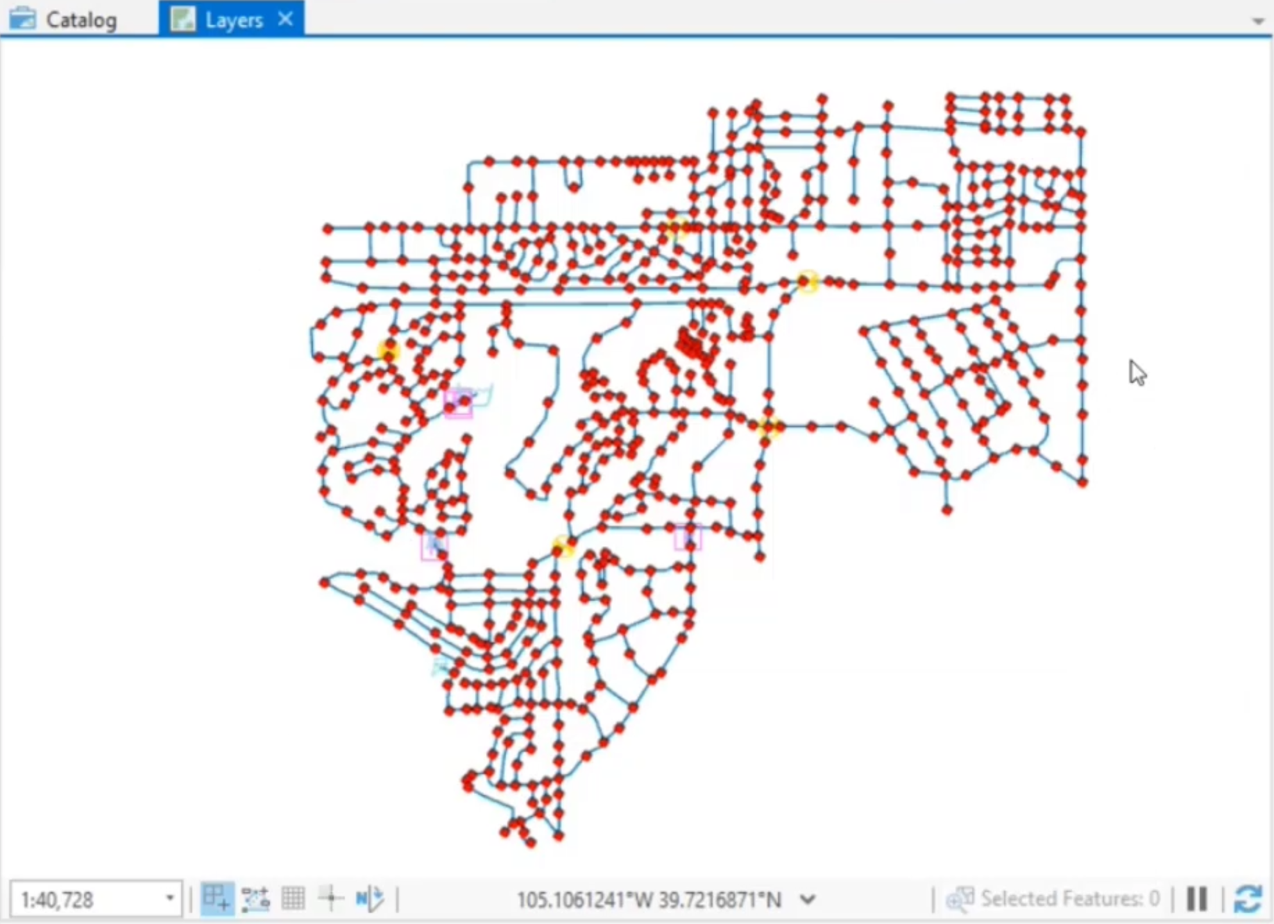 The Map view, with all the junctions in the domain highlighted in red