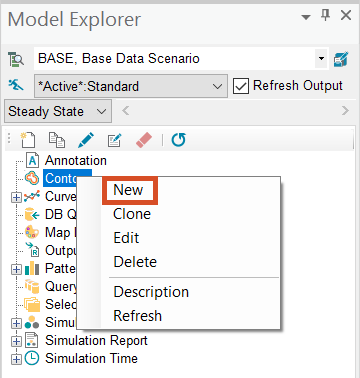 The Model Explorer, Operation tab, with Contour selected and the submenu displaying the New option